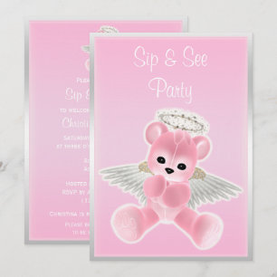 Pink Angel Teddy Bear Sip & See Invitation