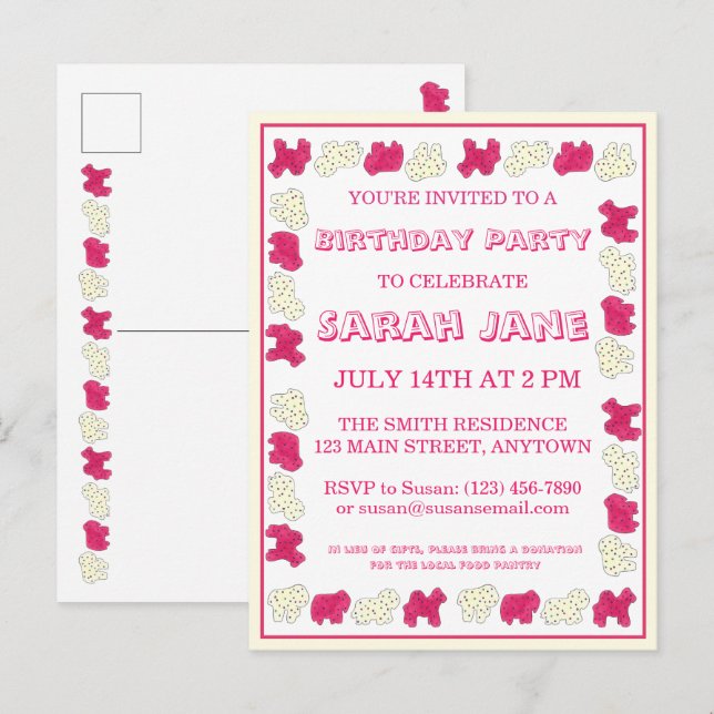 Pink Animal Crackers Cookies Circus Birthday Party Invitation Postcard (Front/Back)