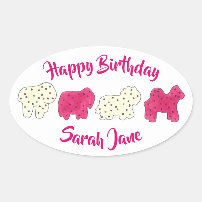 Pink Animal Crackers Cookies Circus Birthday Party Oval Sticker (Front)