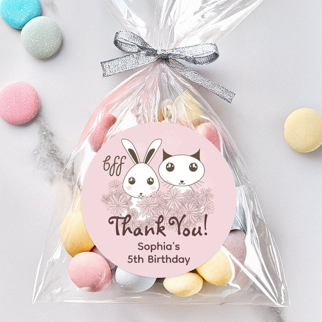 Pink Animal Friends Forever Kids Birthday Favour Classic Round Sticker (Creator Uploaded)