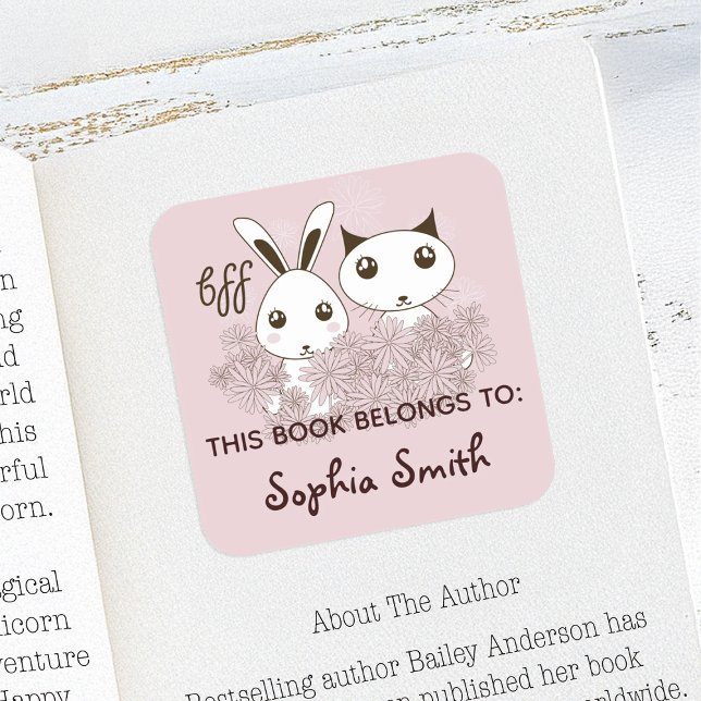 Pink Animal Friends Kids This Book Belongs To Square Sticker (Creator Uploaded)