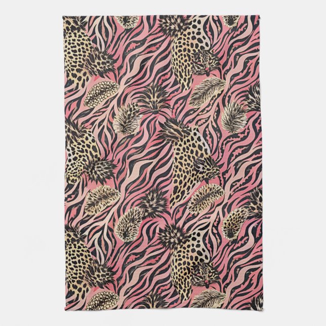 Pink Animal Print Fusion - Seamless Pattern Tea Towel (Vertical)
