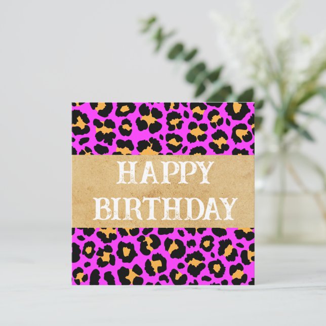 Pink Animal Print Happy Birthday - Blank Inside Holiday Card (Standing Front)