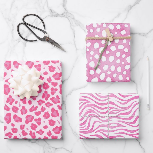 Pink Animal Prints: Leopard, Cheetah & Zebra Wrapping Paper Sheet (Front)