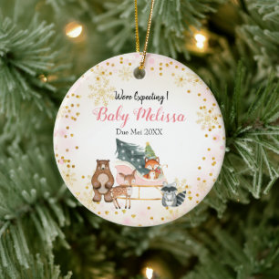 Pink Animal We're Expecting Parents Pine Tree  Ceramic Ornament
