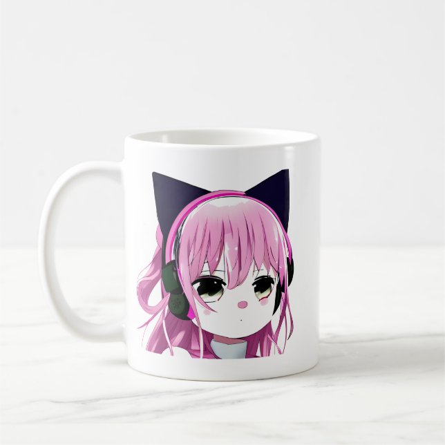 Pink Anime Girl in Cat Ear Headphones Coffee Mug (Left)