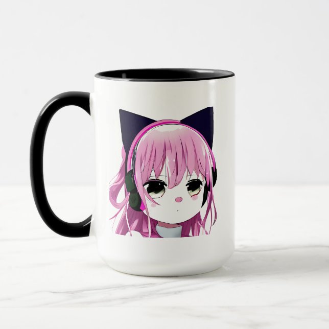Pink Anime Girl in Cat Ear Headphones Mug (Left)