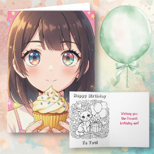 Pink Anime Girl's Birthday and Colouring Page Card