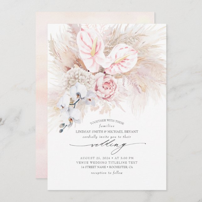 Pink Anthurium Orchids and Pampas Grass Wedding Invitation (Front/Back)