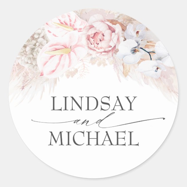 Pink Anthuriums and Pampas Grass Elegant Exotic Classic Round Sticker (Front)