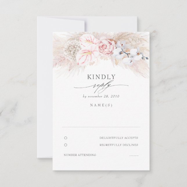 Pink Anthuriums and Pampas Grass Wedding RSVP (Front)