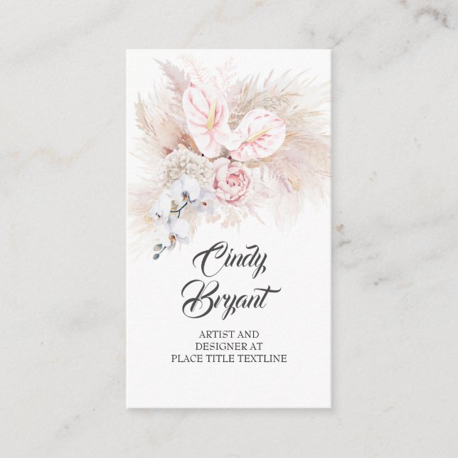 Pink Anthuriums Pampas Grass and Dusty Pink Roses Business Card (Front)