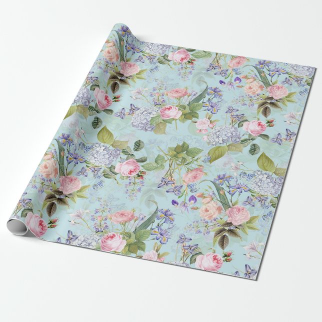 Pink Antique Redouté Roses Bouquets on blue Wrapping Paper (Unrolled)