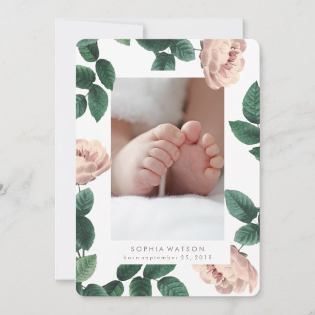 Pink Antique Rose Photo Card Birth Announcement (Front)