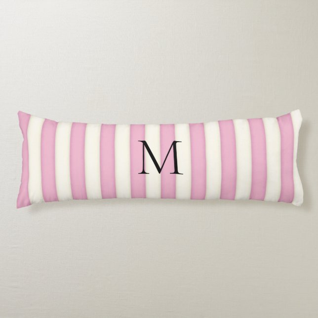 Pink & Antique White Stripes Monogrammed Body Cushion (Front)