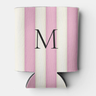 Pink & Antique White Stripes Monogrammed Can Cooler