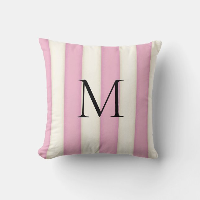 Pink & Antique White Stripes Monogrammed Cushion (Front)