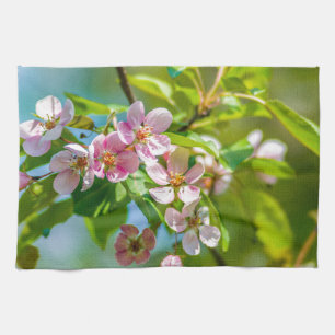 Pink apple blossom flowers tea towel