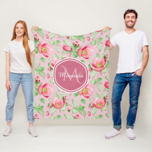 Pink Apple Blossom Monogram Fleece Blanket