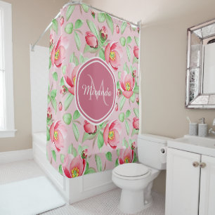 Pink Apple Blossom Monogram Shower Curtain