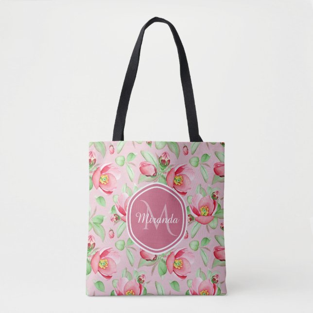 Pink Apple Blossom Monogram Tote Bag (Front)