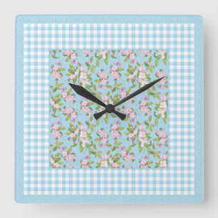 Pink Apple Blossom on Blue, Blue and White Gingham Square Wall Clock