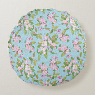 Pink Apple Blossom on Sky Blue Leafy Background Round Cushion