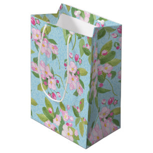 Pink Apple Blossom on Sky Blue Leaves Medium Gift Bag