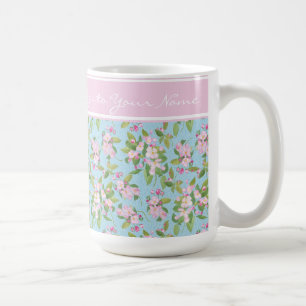 Pink Apple Blossom on Sky Blue, Pink Band for Name Coffee Mug