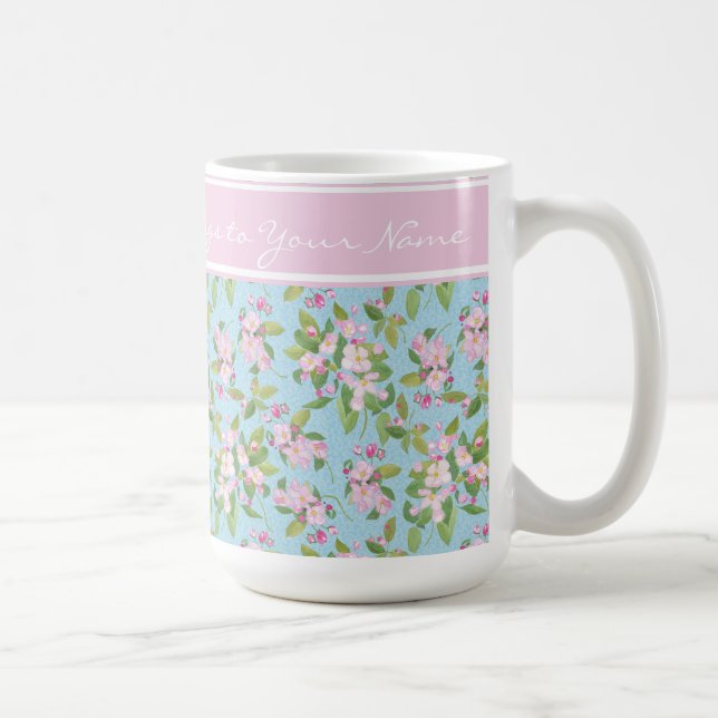 Pink Apple Blossom on Sky Blue, Pink Band for Name Coffee Mug (Right)