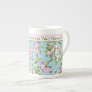 Pink Apple Blossom Pattern and Pink Band Bone China Mug
