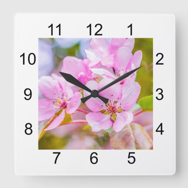 Pink Apple Blossom Square Wall Clock (Front)
