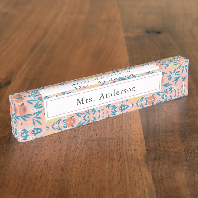 Pink Apple Floral Pattern Theacher Desk Name Plate (Side)