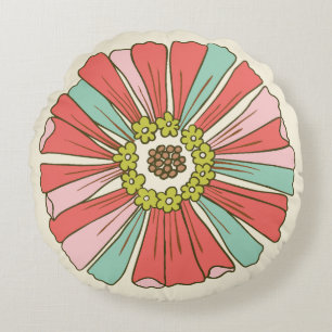 Pink & Aqua 70s Flower Round Cushion
