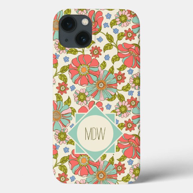 Pink Aqua 70s Retro Floral Personalised Case-Mate iPhone Case (Back)
