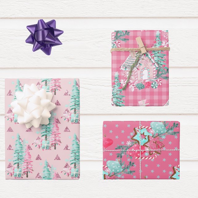 Pink Aqua Blue Colourful Christmas Gingerbread Tre Wrapping Paper Sheet (Creator Uploaded)