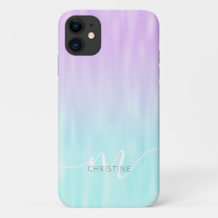 Pink Aqua Blue Pastel Ombre Chic Script Monogram iPhone 11 Case