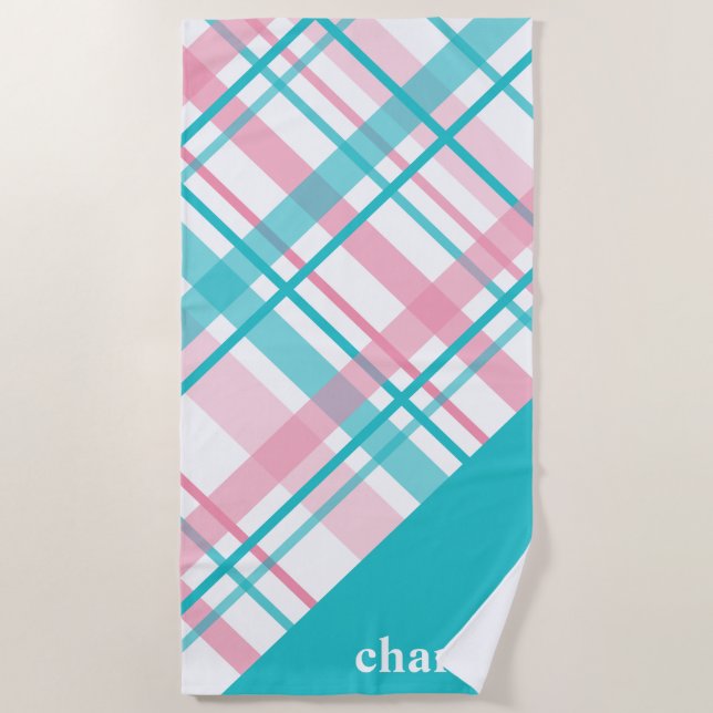 Pink aqua blue pastel plaid pattern custom name beach towel (Front)