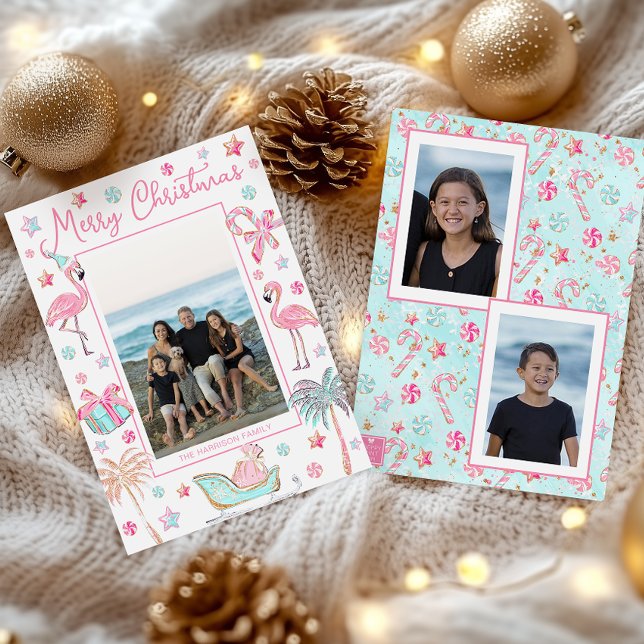 Pink & Aqua Flamingo Beach Christmas Photo Holiday Card (Creator Uploaded)