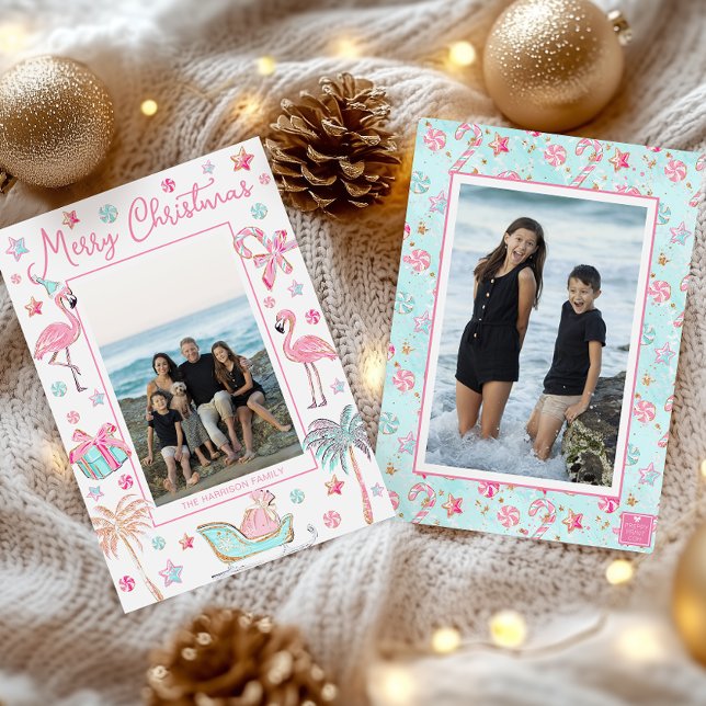 Pink & Aqua Flamingo Beach Christmas Photo Holiday Card (Creator Uploaded)