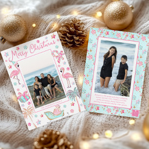 Pink & Aqua Flamingo Beach Christmas Photo Holiday Card