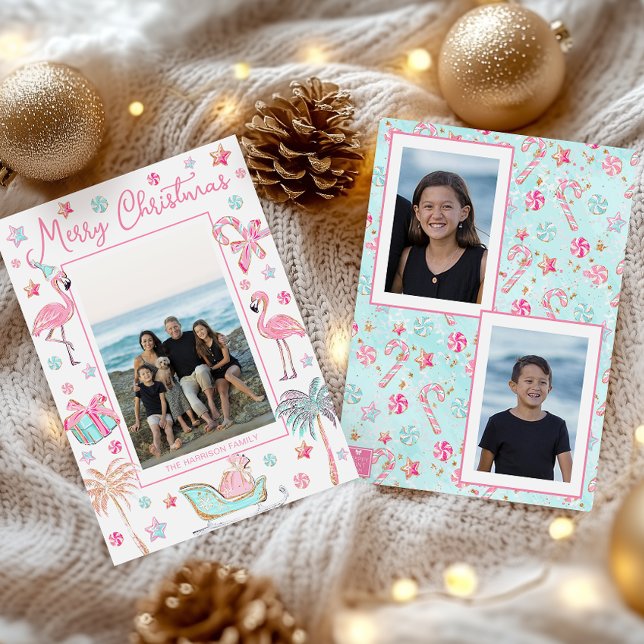 Pink & Aqua Flamingo Beach Christmas Photo Holiday Card (Creator Uploaded)