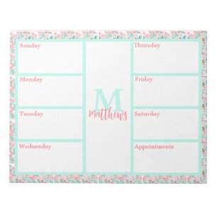 Pink & Aqua Floral Weekly Planner Notepad