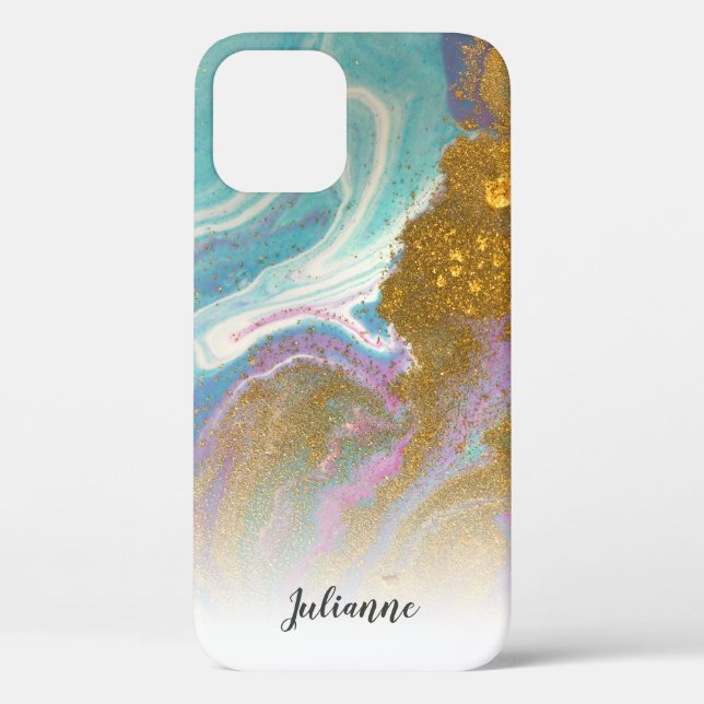 Pink Aqua Gold Glitter Marble Personalized Case (Back)