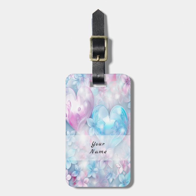 Pink Aqua Hearts and Flowers Luggage Tag (Front Vertical)