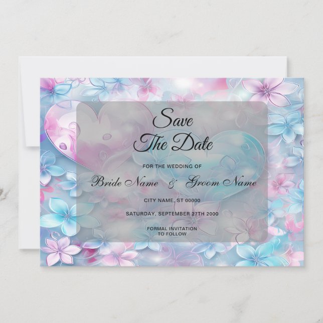 Pink Aqua Hearts and Flowers Save The Date (Front)