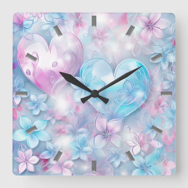 Pink Aqua Hearts and Flowers Wall Clock (Front)