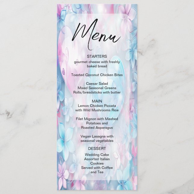 Pink Aqua Hearts and Flowers Wedding Menu (Front)