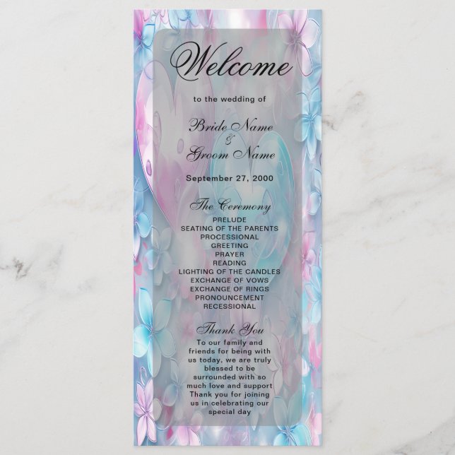 Pink Aqua Hearts and Flowers Wedding Program (Front)