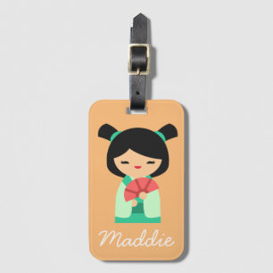 pink aqua Kokeshi Japanese dolls Luggage Tag